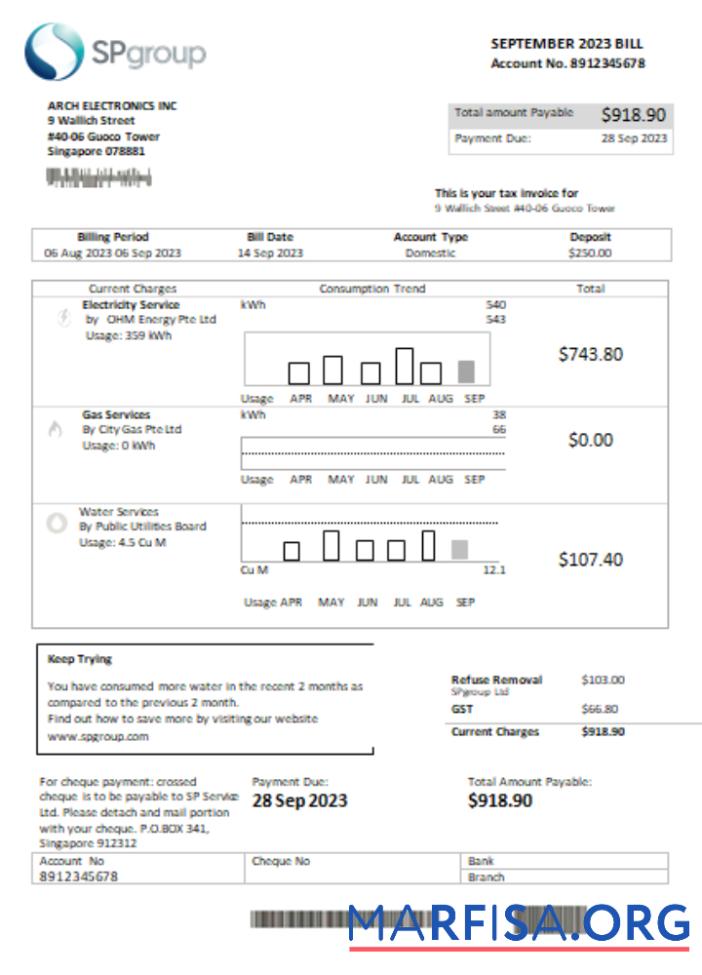 Printable SP Group utility business bill SCR, page 1 download for verification